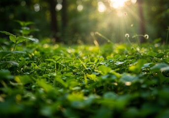 Fototapeta premium A field of vibrant green grass bathed in warm sunlight evokes a sense of freshness and vitality, perfect for a nature-inspired design