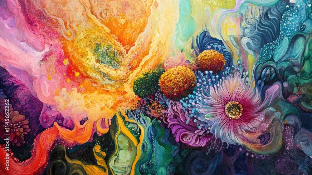 Poster colorful abstract art with vibrant flowers and swirling patterns showcasing creativity and emotion i