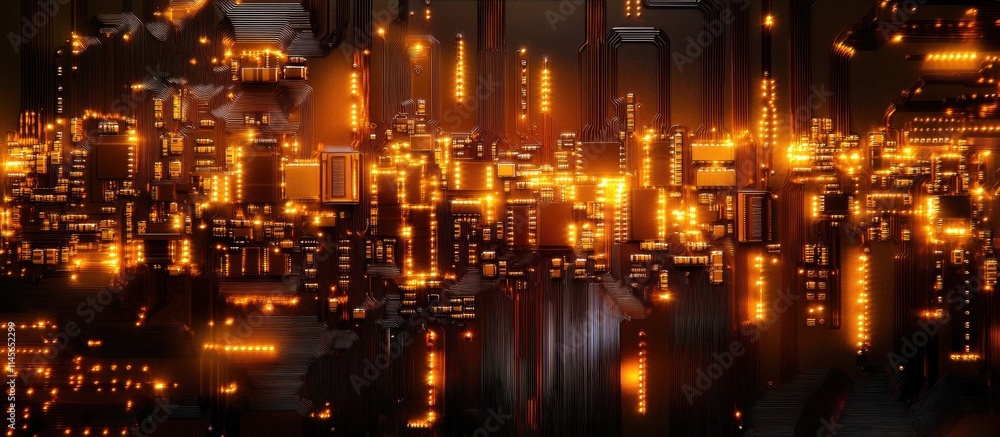 Poster illuminated electronic circuit board texture representing technology and design in a futuristic urba
