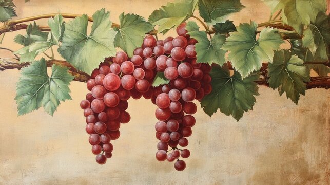 Vibrant cluster of red grapes on a vine surrounded by lush green leaves against a textured background