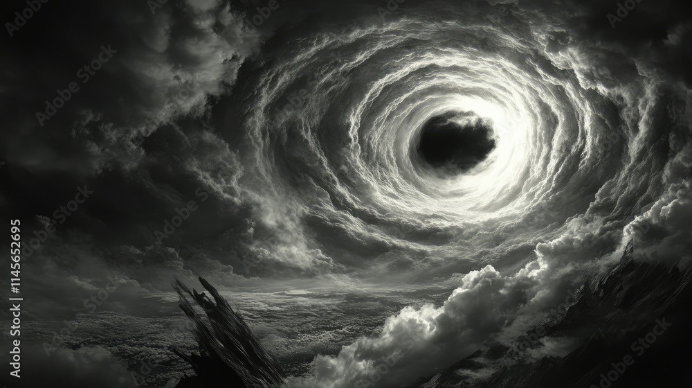 Poster dramatic storm clouds swirling in a vortex with dark grey tones and a bright light in the center cre
