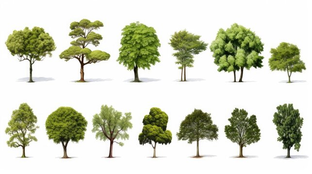 Collection of isolated trees suitable for architectural design and natural decor versatile for both print and digital applications