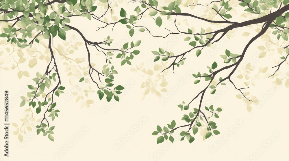 Aufkleber elegant tree branches with green leaves against a soft beige background creating a calming nature-in