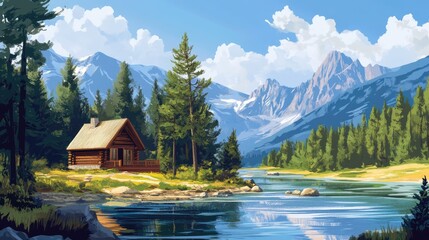 Fototapeta premium Scenic mountain cabin by tranquil river surrounded by lush trees and stunning peaks under a bright blue sky