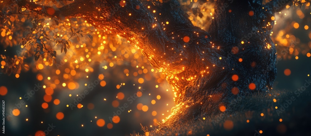 Poster bokeh effect showcasing vibrant tree lights creating a warm and enchanting atmosphere in a magical o