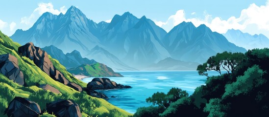 Obraz premium Panoramic view of scenic coastal mountains and rugged rocky landscape under a clear blue sky