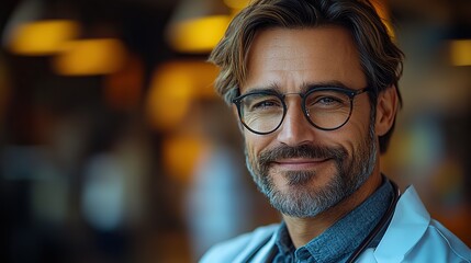 Obraz premium A medical doctor with glasses smiles confidently, representing expertise, professionalism, and healthcare service.