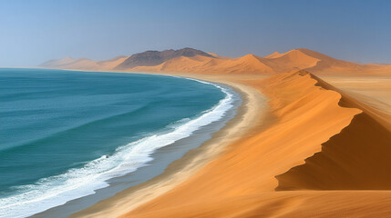 Sweeping sand dunes with elegant curves form an abstract landscape in Sandwich Harbour Namib Naukluft Natural Park Namibia showcasing nature's artistry and the balance between chaos and harmony