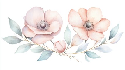Two pink flowers with green leaves are in the center of a white background