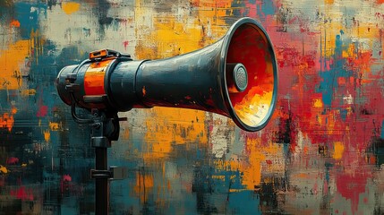 A megaphone collage represents protest, human rights, and news media through vibrant pop art.