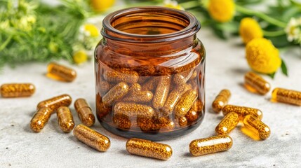 Exploring natural supplements herbal capsules in glass jar indoor setting close-up view