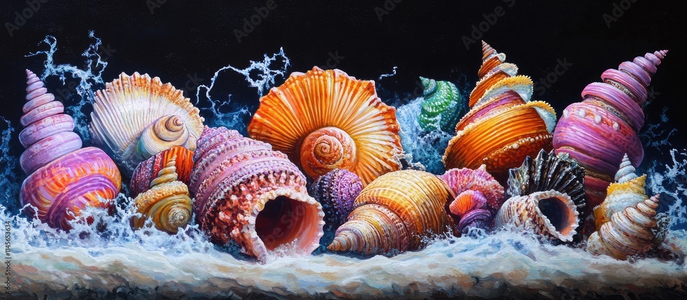 Poster vibrant collection of ocean shells with colorful patterns and textures against a dark background sho