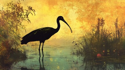 Fototapeta premium Silhouette of glossy ibis in wetland at sunset with vibrant colors and natural scenery, capturing serene wildlife beauty and tranquility