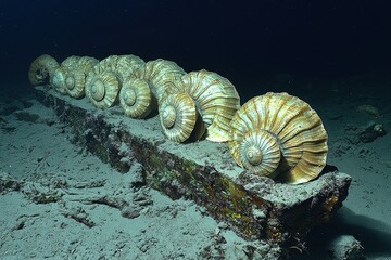 Stunning underwater shot of a row of large, spiraled shells resting on an old, rusty shipwreck, creating a captivating contrast of nature and decay.