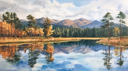 Fototapeta premium Tranquil landscape with pines and mountains beautifully reflected in a serene pond surrounded by autumn foliage and clear blue skies.