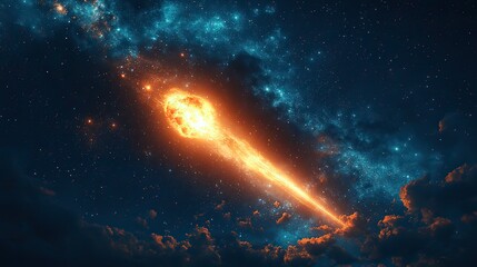 Obraz premium A meteor streaks across the night sky as a shooting star with smoke, representing a fireball, science, galaxy, cosmic nature, futuristic wallpaper, and wishes.