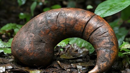 A large, curved, brown object resembling a root or tuber on a forest floor.