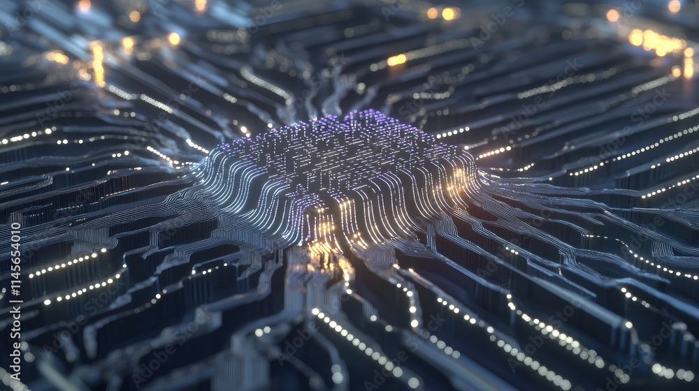 Poster a futuristic microchip processor concept with glowing neural pathways, representing ai and high-spee