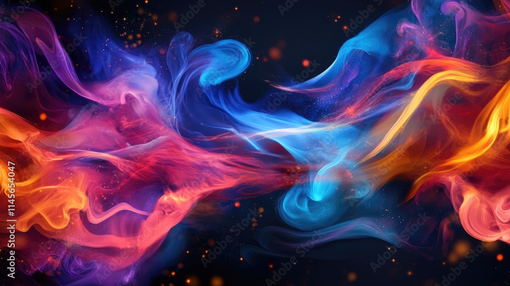 Poster colorful abstract smoke waves blending dynamic hues of orange blue and purple on a dark background c