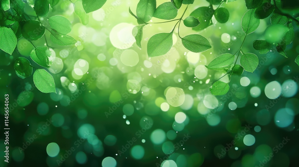 Poster lush green leaf texture with bokeh effects creating a serene and refreshing background suitable for 