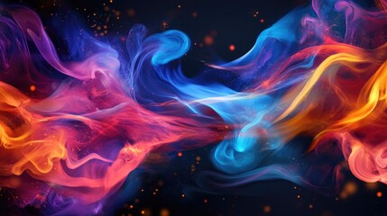 Fototapeta premium Colorful abstract smoke waves blending dynamic hues of orange blue and purple on a dark background creating a mesmerizing visual effect