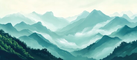 Serene panoramic view of lush green mountains enveloped in misty clouds creating a tranquil and picturesque landscape