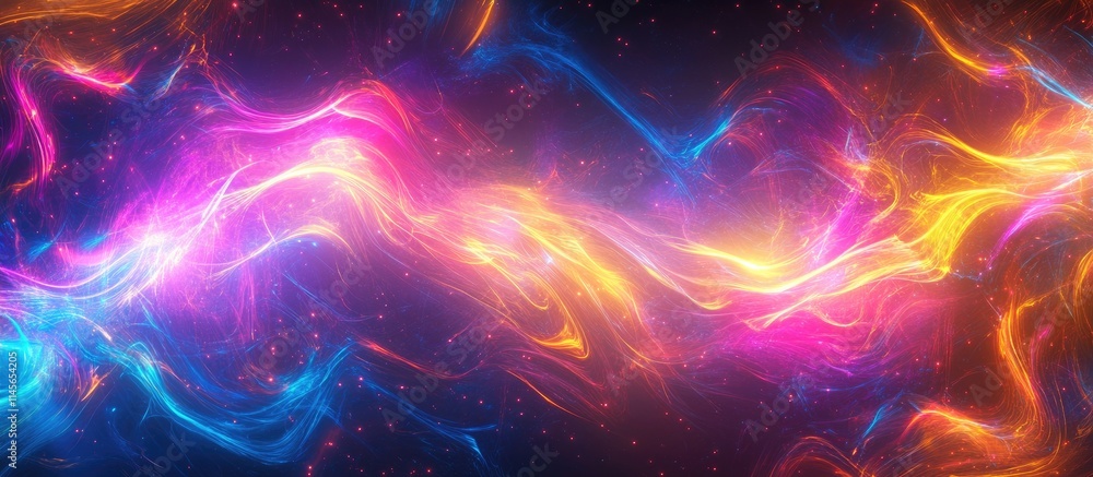 Poster colorful abstract background with glowing rays and flowing neon lines representing light dynamics an