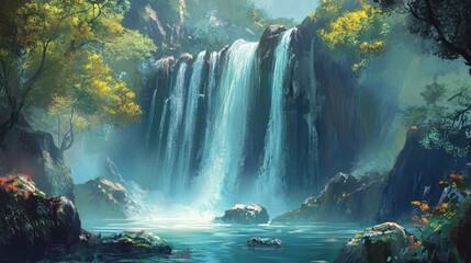 Majestic turquoise waterfall cascading into serene pool surrounded by lush greenery and vibrant flowers in tranquil natural setting.