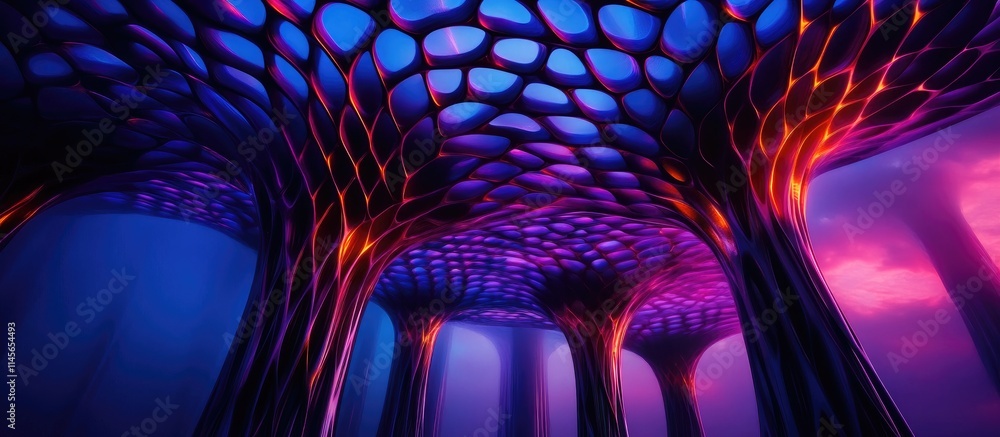 Poster futuristic architectural design with vibrant colors and intricate patterns set in an imaginative and