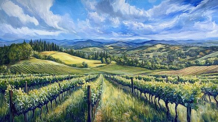 Fototapeta premium Vibrant Spring Vineyard Landscape with Rolling Hills and Expansive Blue Sky