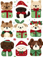 Cute Christmas Dogs Gift Box Illustrations, Holiday Background, Festive Design, Greeting Cards.