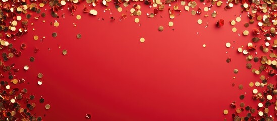 Golden festive confetti border on vibrant red background creating a celebratory mood perfect for holiday or event invitations and decorations