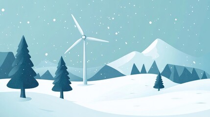 Winter landscape featuring a wind power generator amidst snow-covered trees and mountains in a serene alpine setting.