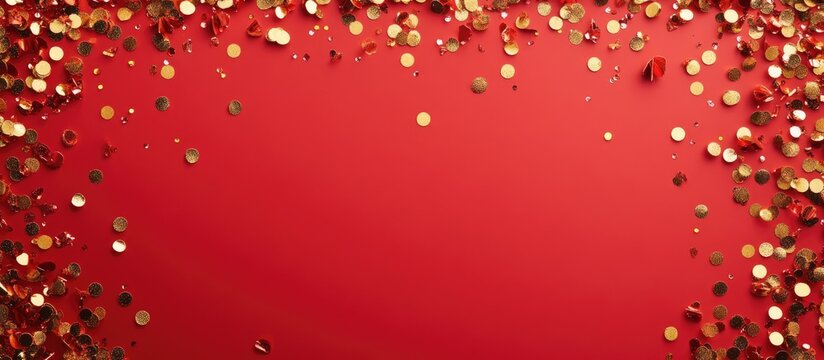Golden festive confetti border on vibrant red background creating a celebratory mood perfect for holiday or event invitations and decorations