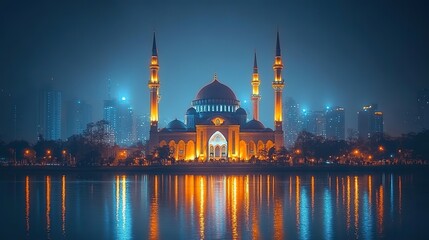 Obraz premium A mosque stands against a dark night sky, a symbol of faith, religion, and tradition.