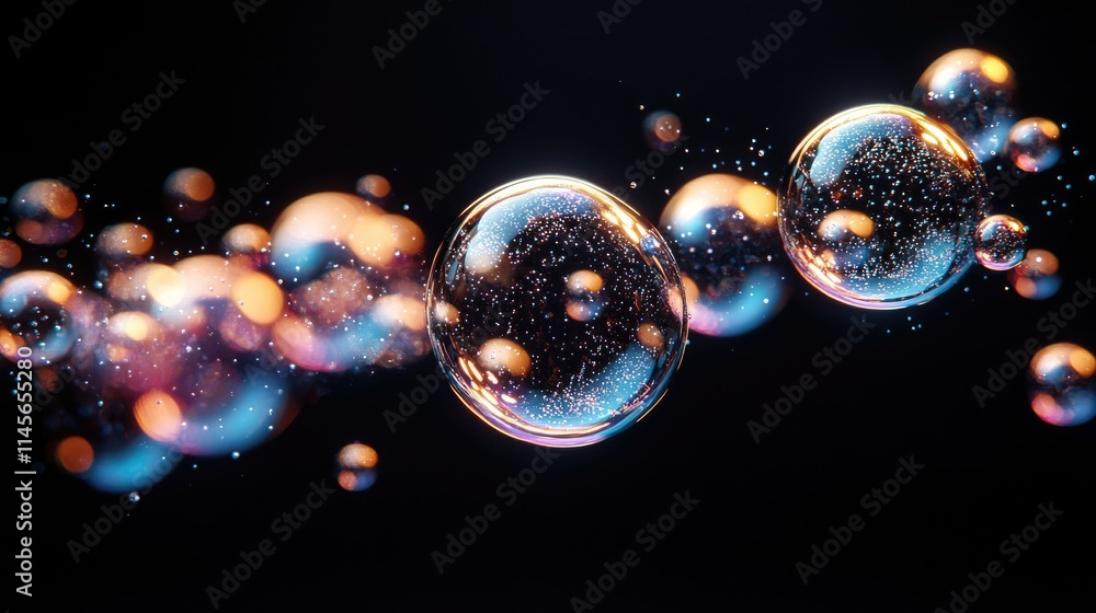 Poster colorful floating bubbles with soft reflections against a dark background creating a dreamy atmosphe