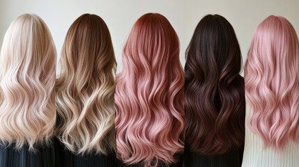 Fototapeta premium A series of women hair colors ranging from rich chestnut brown to pastel pink. Each hairstyle is styled differently, including sleek straight locks, voluminous curls,