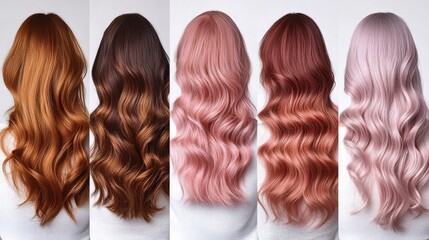 Fototapeta premium A series of women hair colors ranging from rich chestnut brown to pastel pink. Each hairstyle is styled differently, including sleek straight locks, voluminous curls,