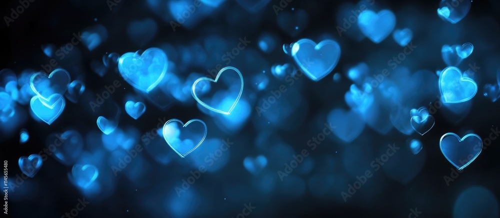 Poster blurred blue bokeh heart shapes on a dark background creating a dreamy romantic atmosphere for vario