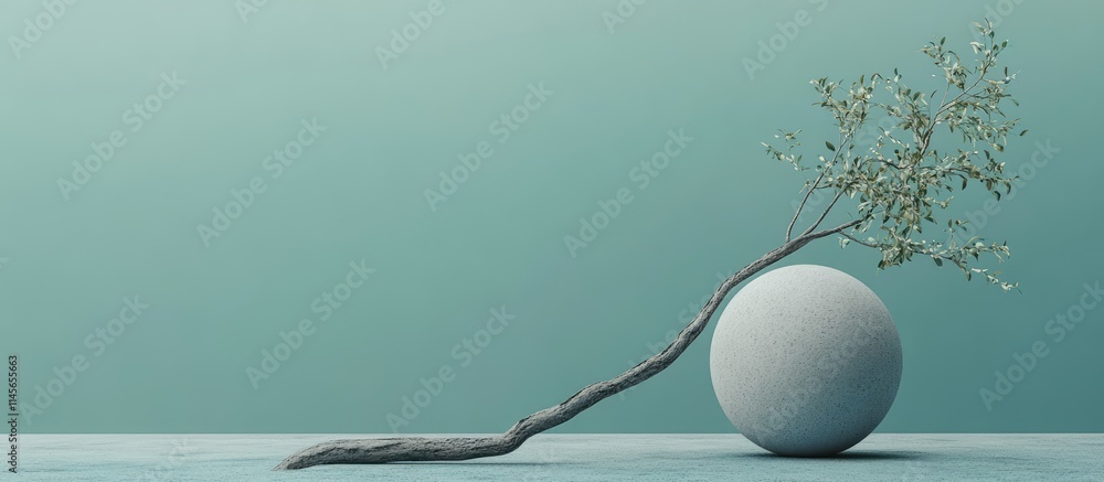 Aufkleber gray sphere embracing a branch of a green tree on a minimalist blue background showcasing harmony be