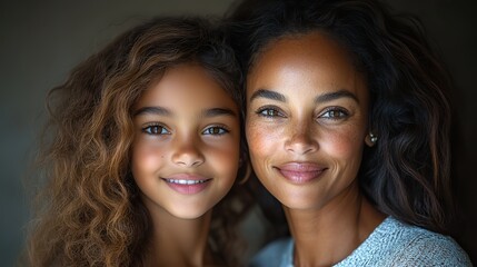 A mother and daughter smile in a studio portrait, showing happiness and bonding in their family.