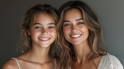 A mother and daughter smile in a studio portrait, showing happiness and bonding in their family.