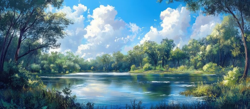 Serene lakeside view with blue sky and lush trees reflecting in the calm water of a secluded nature forest landscape