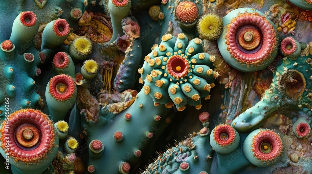 Poster vibrant close-up of colorful cacti showing unique patterns and textures in a natural desert setting