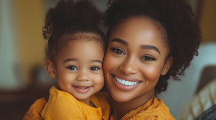 A mother hugs her child on a sofa, smiling and providing love, protection, and peace on Mother's Day.