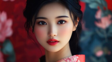 Fototapeta premium Elegant portrait of a young Asian woman in traditional attire against a floral backdrop highlighting beauty and cultural heritage.