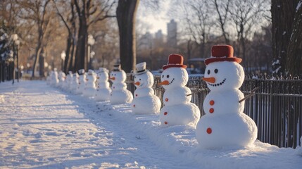 Obraz premium Cheerful snowmen line the snowy pathway in a vibrant winter park