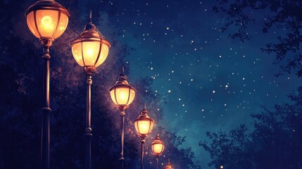 Obraz premium Magical street lamps illuminate a serene night sky filled with stars and vibrant colors in a tranquil outdoor setting