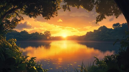 Obraz premium tranquil sunrise over forest lake reflecting vibrant colors in calm waters serene nature scene during golden hour