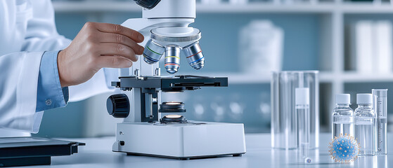 Norovirus outbreak concept and health themes, A scientist examines samples using a microscope in a laboratory setting with glassware in the background.
